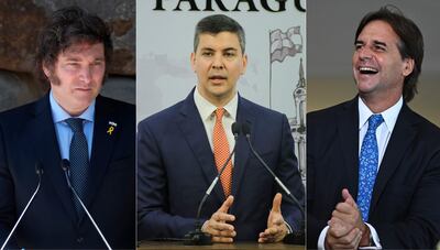 Los presidentes de Argentina, Javier Milei; de Paraguay, Santiago Peña, y de Uruguay, Luis Lacalle Pou. Juntos, inaugurarán el próximo 28 de julio la 136 edición de la Exposición de Ganadería, Agricultura e Industria Internacional (Expo Rural), la más tradicional del sector.