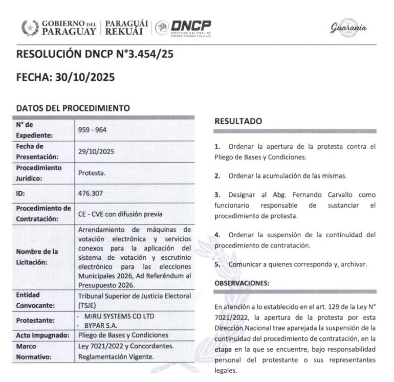 La resolución N° 3454/25 de la DNCP ordenó la apertura de la protesta contra el pliego de bases y condiciones, tras lo presentado por la empresa coreana Miru System y la paraguaya Bypar SA.