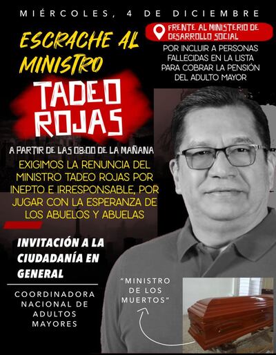 Flayer publicado por la asociacion de Adultos Mayores del Paraguay invitando a un escrache al ministro Tadeo Rojas