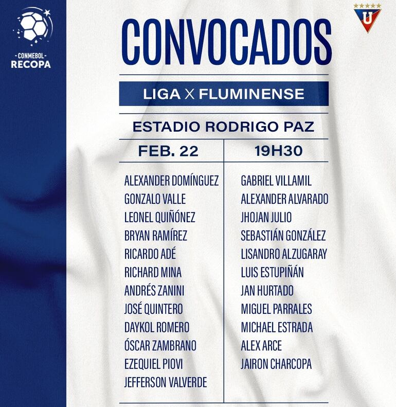 Los convocados de Liga de Quito con Alex Arce en la nómina para la final de ida de la Recopa Sudamericana 2024.