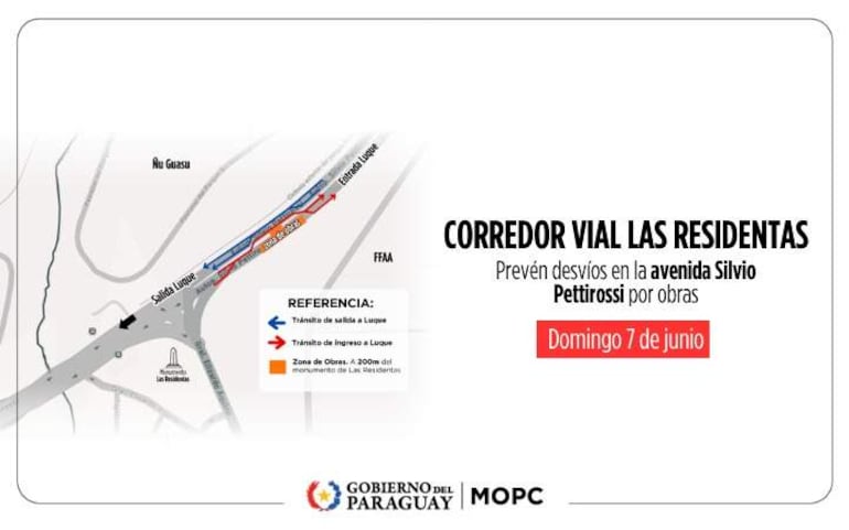 Mapa informativo que muestra la zona de obras en la avenida Silvio Pettirossi, sin personas visibles.
