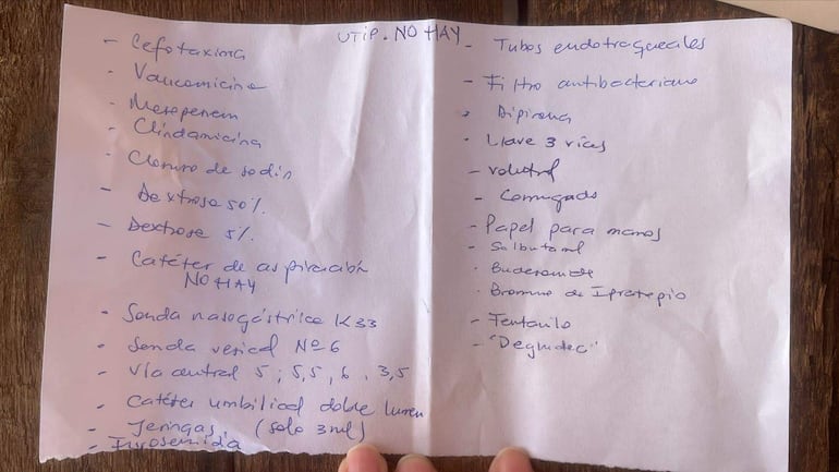 Lista de insumos médicos escritos a mano sobre papel arrugado en superficie de madera, sin personas presentes.
