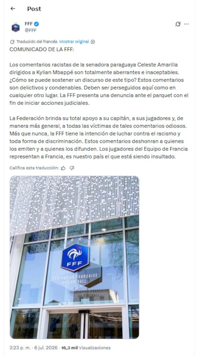 El comunicado oficial de la FFF sobre los comentarios racistas de la senadora Celeste Amarilla.