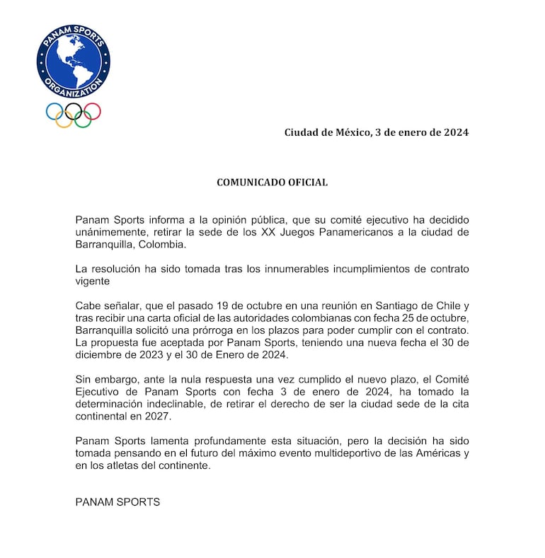Documento, Panam Sports.