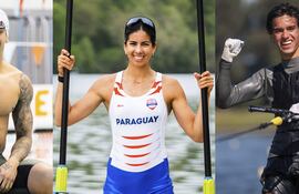 El nadador brasileño Guilherme Caribe (i), la remera paraguaya Nicole Martínez (c) y el esquiador chileno Matías González (d), quienes han sido elegidos por Panam Sports, junto a la ciclista de pista colombiana Stefany Cuadrado, como miembros de la exclusiva selección de 7 estrellas del deporte continental en 2025.