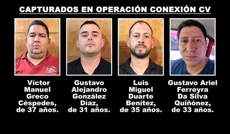 Víctor Manuel Greco Céspedes, Gustavo Alejandro González Díaz, Luis Miguel Duarte Benítez y Gustavo Ariel Ferreyra Da Silva Quiñónez, capturados en la operación Conexión CV.