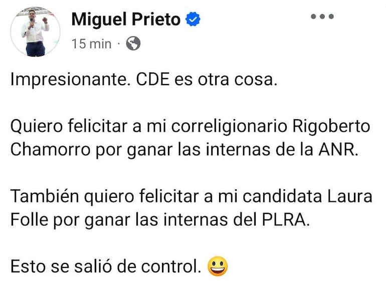 Miguel Prieto sonriente en un post digital, celebrando los triunfos de sus correligionarios en un contexto político.