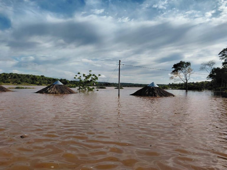 Paisaje inundado en Puerto Bella Vista con montículos cónicos, agua marrón y un poste de electricidad visible.