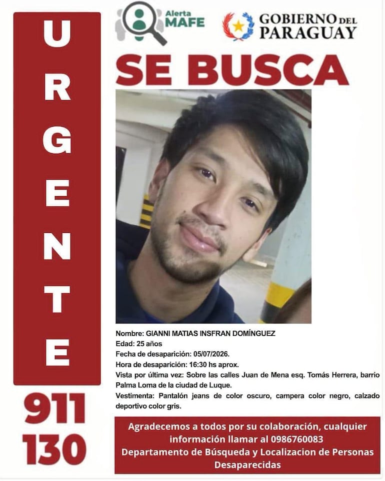 Los familiares de Gianni Matías Insfrán Domínguez (25) piden ayuda para encontrarlo.