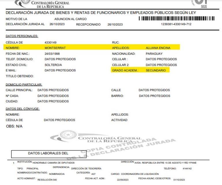Declaración Jurada de Montserrat Alliana al asumir su nuevo cargo, donde declara tener grado académico secundario.