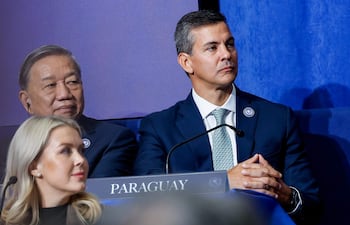 Santiago Peña, participando durante la Junta de Paz este jueves, en Washington (Estados Unidos).