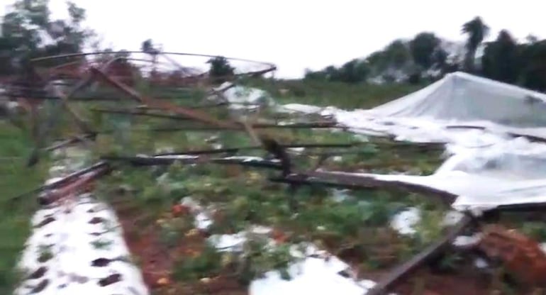 Entorno agrícola devastado, con invernaderos caídos y cultivos dañados, sin personas visibles en la escena.