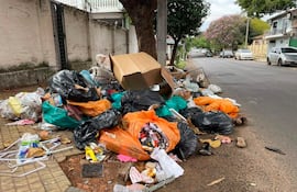 Acumulación de basura en la vereda, con bolsas y cartones en un entorno urbano desordenado.