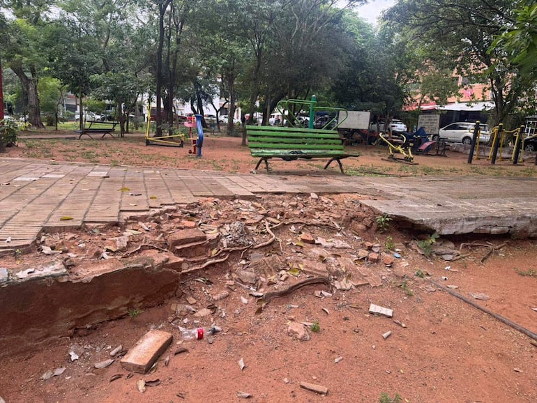 Se observa un parque deteriorado en Asunción, con bancos verdes, escombros y vegetación, sin personas presentes.