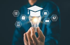 Elearning graduate certificate man holding graduation hat degree study icons over light bulb, education symbols show professional university student academic success training development.