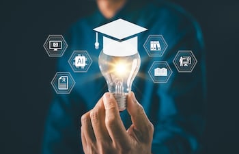 Elearning graduate certificate man holding graduation hat degree study icons over light bulb, education symbols show professional university student academic success training development.
