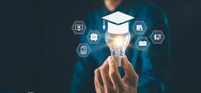 Elearning graduate certificate man holding graduation hat degree study icons over light bulb, education symbols show professional university student academic success training development.