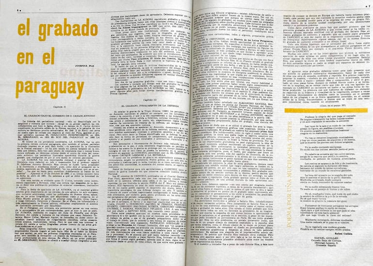Página de libro con texto en columnas, título amarillo 'el grabado en el paraguay' destacado en la parte superior.