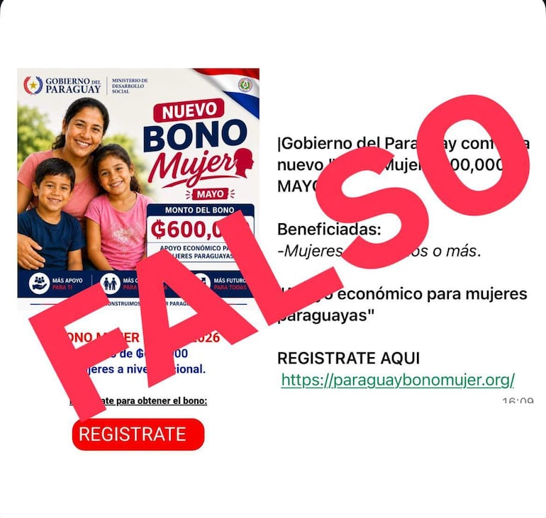 Tres niños sonrientes y una mujer en un anuncio colorido del ‘Bono Mujer’, con el texto ‘REGISTRATE’ y una marca de ‘FALSO’.