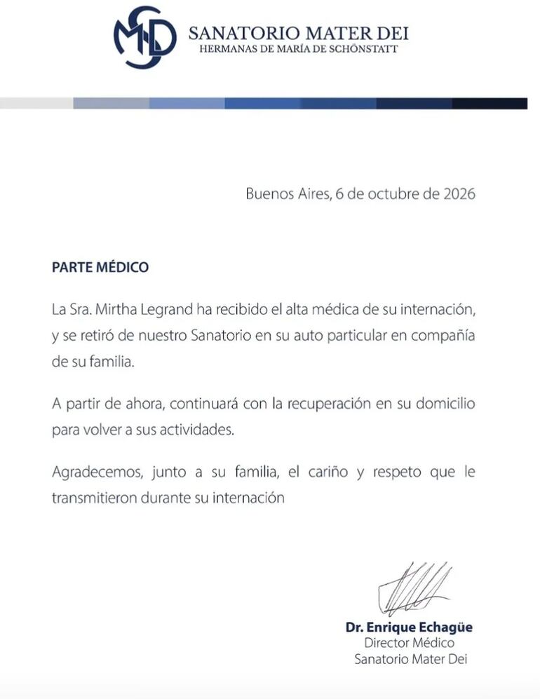 El parte médico donde se informa que Mirtha Legrand ya recibió el alta. (Captura de la historia de Instagram de La Mesaza)