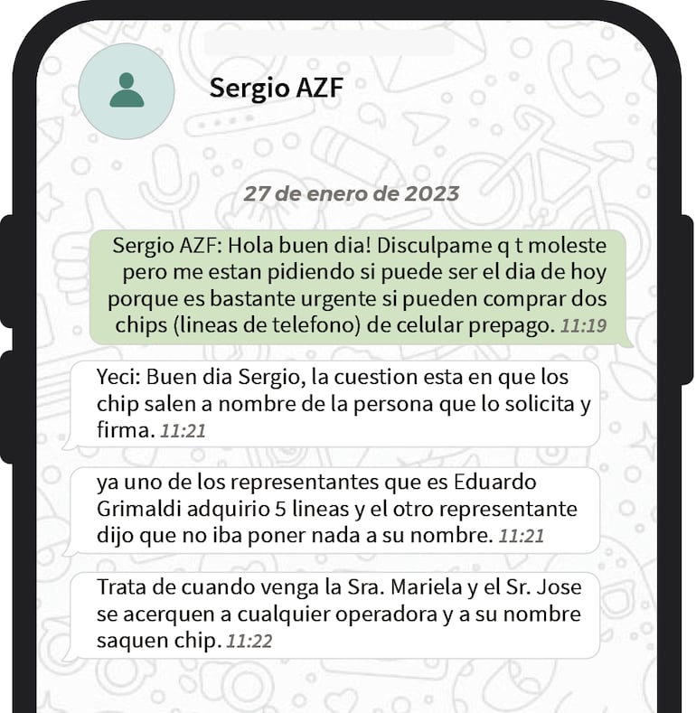 Así presionaban para seguir comprando chips a nombre de los empleados y Yecika explicaba que ya no querían accerlo por temor a problemas legales.