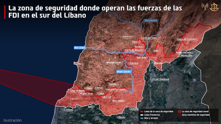 Mapa de la frontera norte de Israel y sur de Líbano, publicada por las FDI, fuerzas de Israel.
