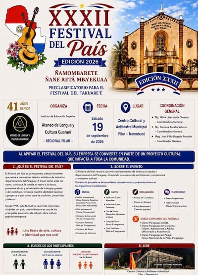 La ciudad de Pilar será sede, por primera vez en el departamento de Ñeembucú, del Festival Nacional del País, un emprendimiento cultural itinerante organizado por el Instituto de Educación Superior Ateneo de Lengua y Cultura Guaraní.