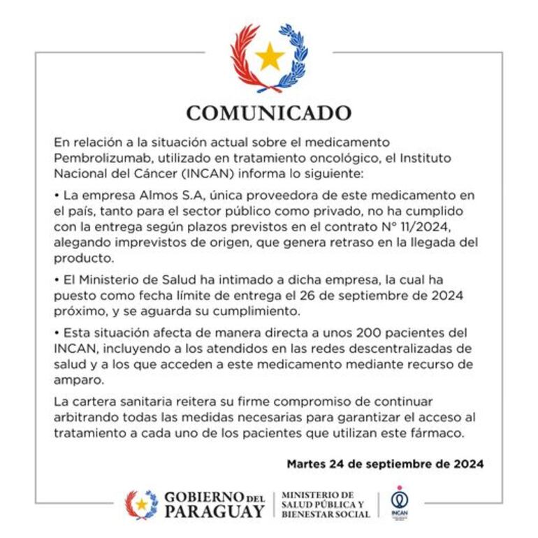 El Ministerio de Salud emitió un comunicado en donde garantizan su compromiso con los pacientes oncológicos.