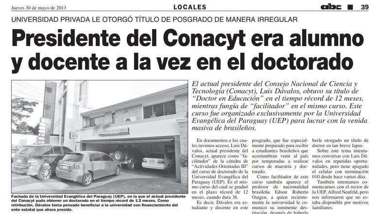 Facsímil de la publicación de ABC en el cual se informaba sobre presuntas anomalías cometidas por el entonces presidente de Conacyt, Luis Dávalos. El mismo hoy vuelve al organismo, de la mano del presidente Santiago Peña.