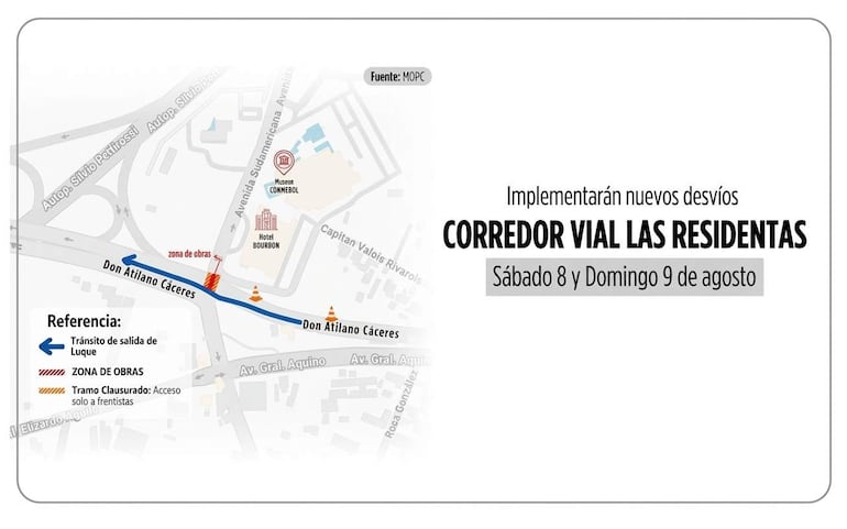 Mapa detalla desvíos viales en la zona de Don Atilano Cáceres, sin personas presentes.