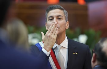 El presidente de Paraguay, Santiago Peña, durante la presentación del informe de gestión de su gobierno en el Palacio Legislativo.