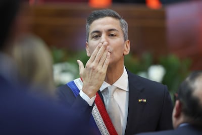 El presidente de Paraguay, Santiago Peña, durante la presentación del informe de gestión de su gobierno en el Palacio Legislativo.