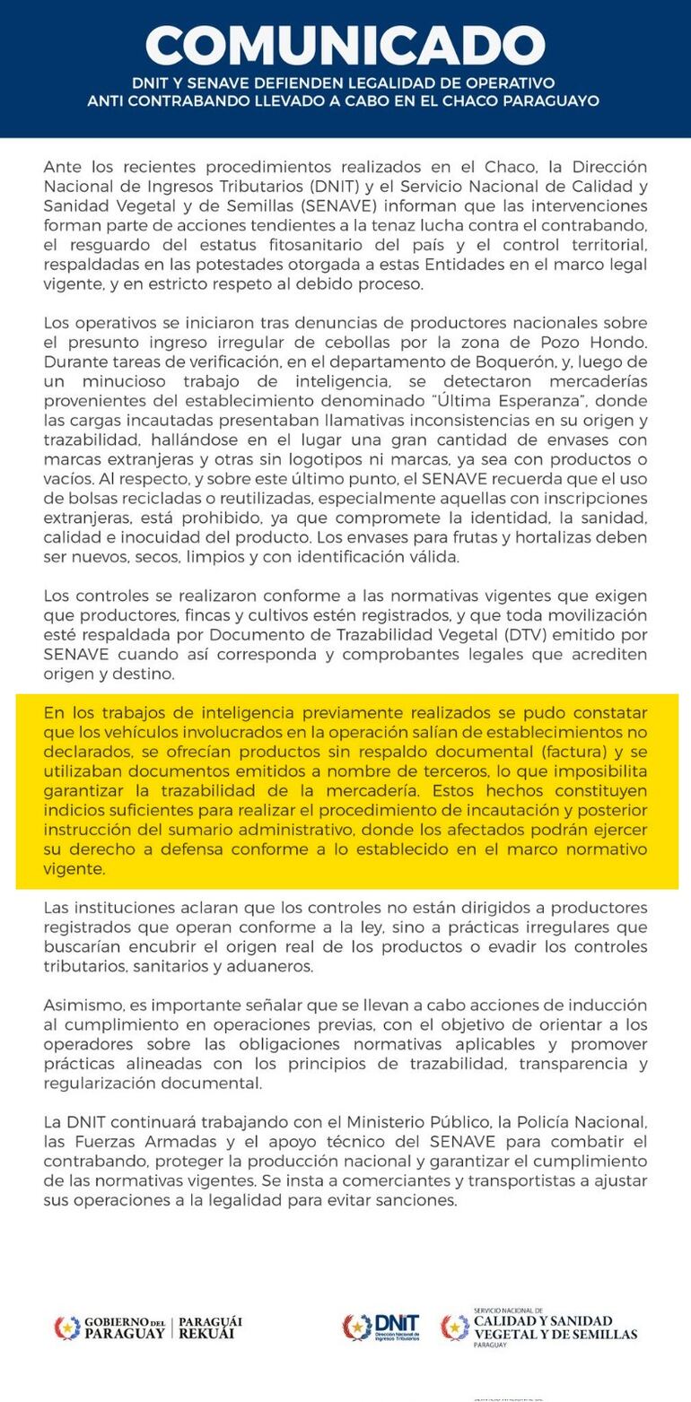 Comunicado de la DNIT sobre incautación de cebollas en el Chaco.