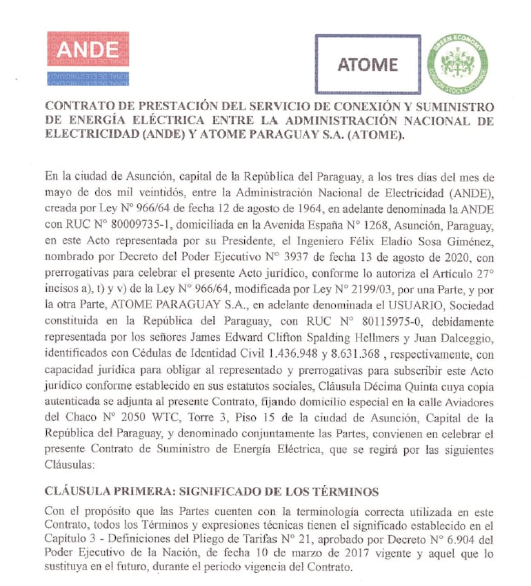 El contrato entre Atome y ANDE fue firmado el 3 de mayo de 2022, cuando todavía estaba vigente el decreto para las electrointensivas.