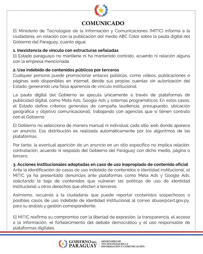 El comunicado del Mitic sobre la "campaña sucia" de pautas.
