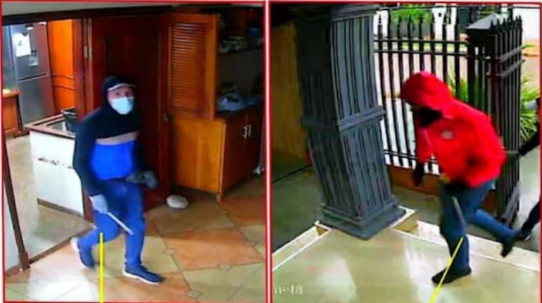 Imágenes captadas por las cámaras de seguridad de los dos ladrones en plea acción en la casa atacada en Caaguazú. 