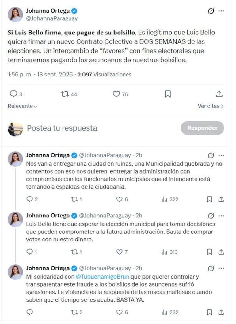 Captura de pantalla de tweets de Johanna Ortega denunciando compromisos electorales del intendente Luis Bello, con texto visible expresando descontento.