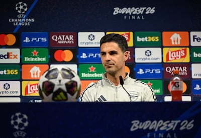 Mikel Arteta, del Arsenal, ofrece una rueda de prensa en Budapest, Hungría, el 29 de mayo de 2026. El Arsenal FC se enfrentará al Paris Saint-Germain en el partido de fútbol de la final de la Liga de Campeones de la UEFA.