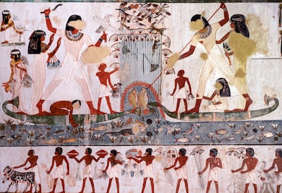 Escena de pesca en la Tumba de Menna, Luxor, Egipto. Imagen ilustrativa de pintura egipcia.