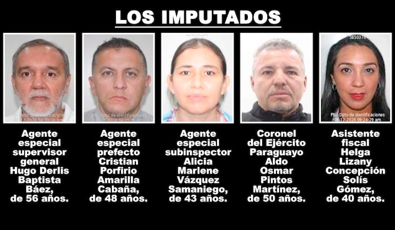 Cinco imputados, identificados por nombre y edad, posan en fondo negro con rostros serenos y atuendos formales.