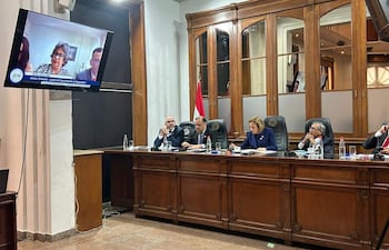 Alicia Pucheta modera en reunión formal, rodeada de miembros del Jurado, con banderas de fondo y expresiones atentas.