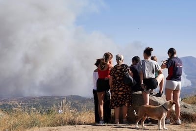 Un grupo de personas observa el humo del Incendio de Burgohondo (Ávila) desde el puerto de Navalmoral.
