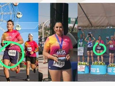 En la imagen se puede observar el dorsal 7699 de Soledad Gómez que es llevada por un atleta masculino, posteriormente se la ve en el podio con el trofeo del primer puesto.