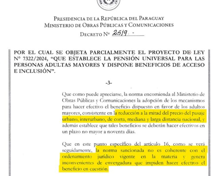 Parte de la argumentación del Ejecutivo para vetar en beneficio de medio pasaje para adultos mayores.