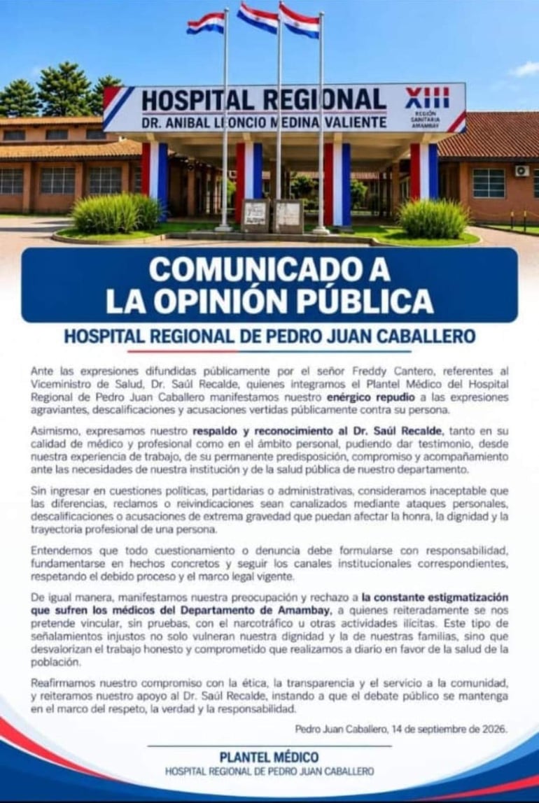 Comunicado de los médicos del Hospital Regional de Pedro Juan Caballero, a favor del viceministro de salud, Saúl Recalde.
