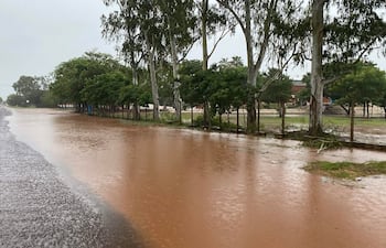 Escena de calle inundada en Concepción, con agua marrón cubriendo la vía y árboles a los lados bajo un ambiente nublado.