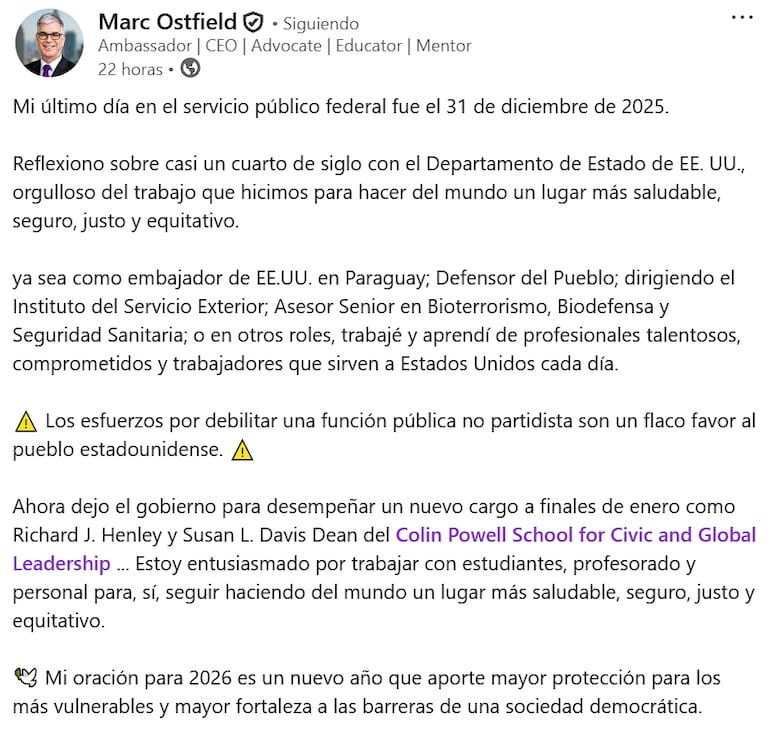 El exembajador confirmó que deja el servicio público.