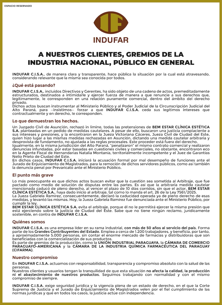 Comunicado de INDUFAR C.I.S.A.