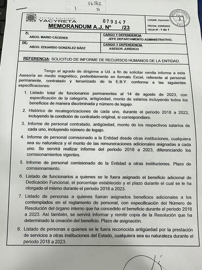 Memorándum de Yacyretá, en el que se piden informes sobre los funcionarios que ingresaron a la entidad en la era abdista.