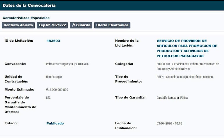 Documento oficial con detalles de licitación de Petropar, incluyendo monto estimado y categoría del servicio.